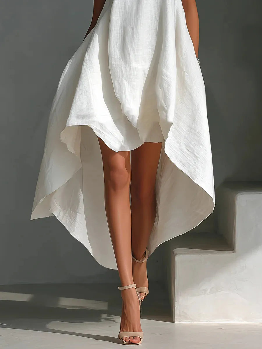 Vestido de Invitada de Boda Midi Blanco Elegante con Asimétrico