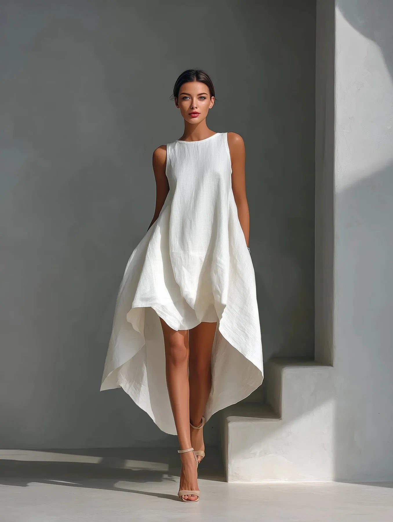 Vestido de Invitada de Boda Midi Blanco Elegante con Asimétrico