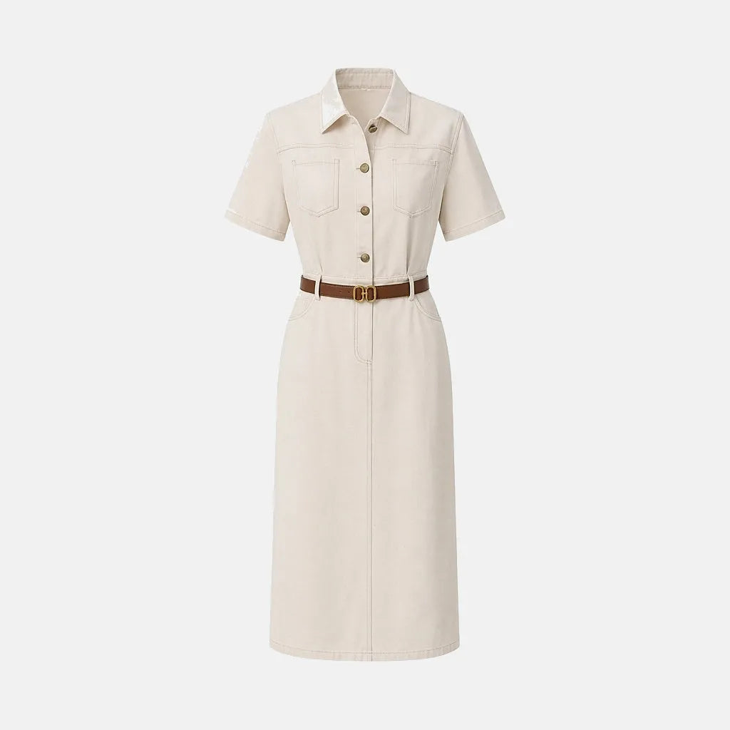 Vestido de Invitada de Boda Midi Casual con Manga Corta y Cinturón