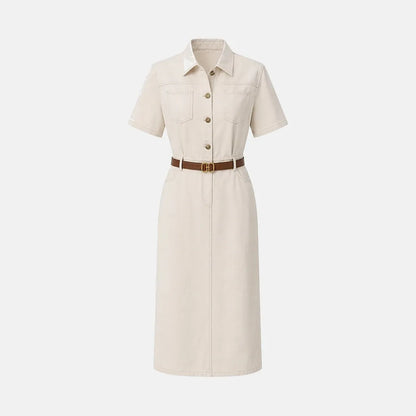 Vestido de Invitada de Boda Midi Casual con Manga Corta y Cinturón