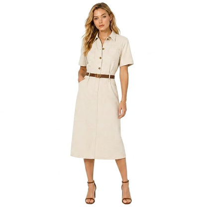 Vestido de Invitada de Boda Midi Casual con Manga Corta y Cinturón