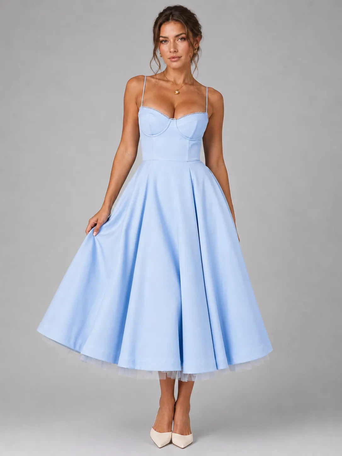 Vestido de Invitada de Boda Midi Corset Elegante con  Tirantes