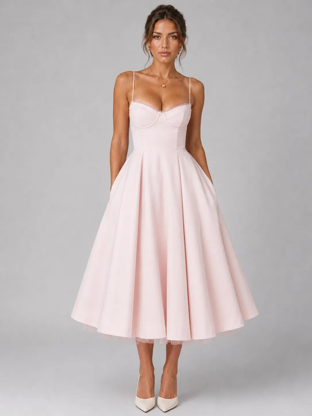 Vestido de Invitada de Boda Midi Corset Elegante con  Tirantes
