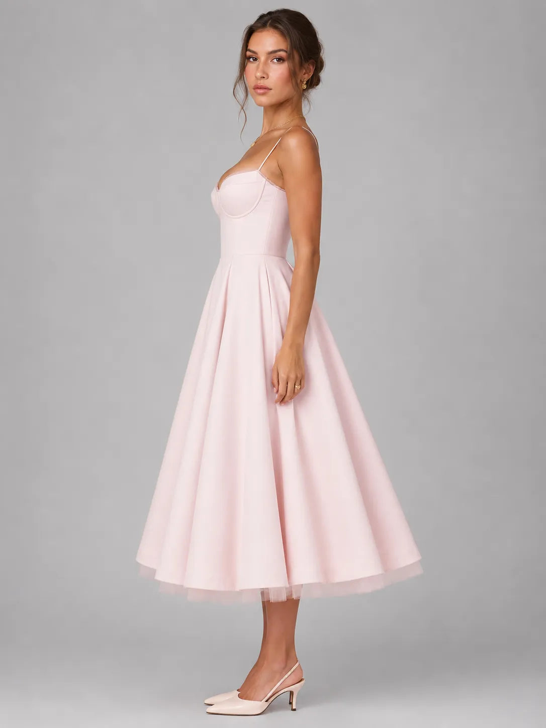 Vestido de Invitada de Boda Midi Corset Elegante con  Tirantes