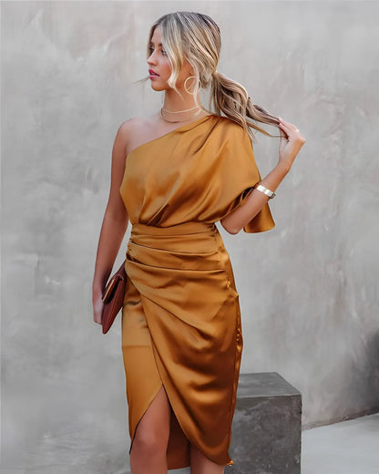 Vestido de Invitada de Boda Midi Elegante Asimétrico con Drapeado