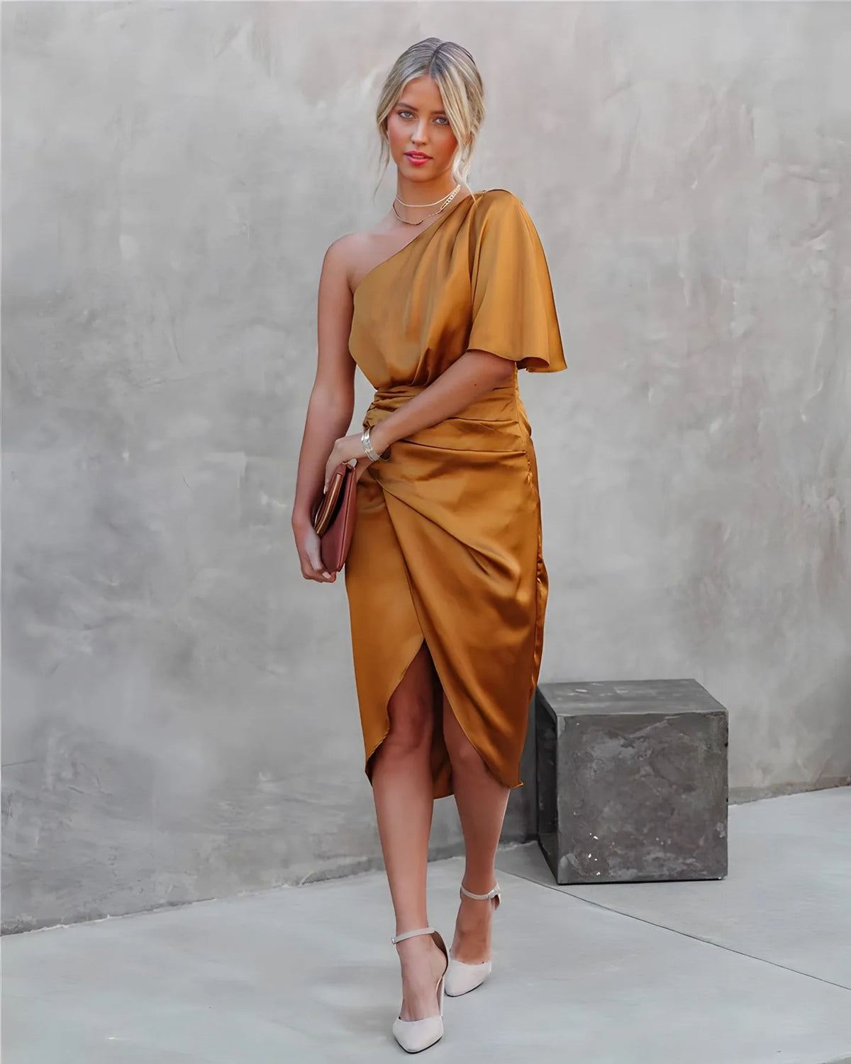 Vestido de Invitada de Boda Midi Elegante Asimétrico con Drapeado