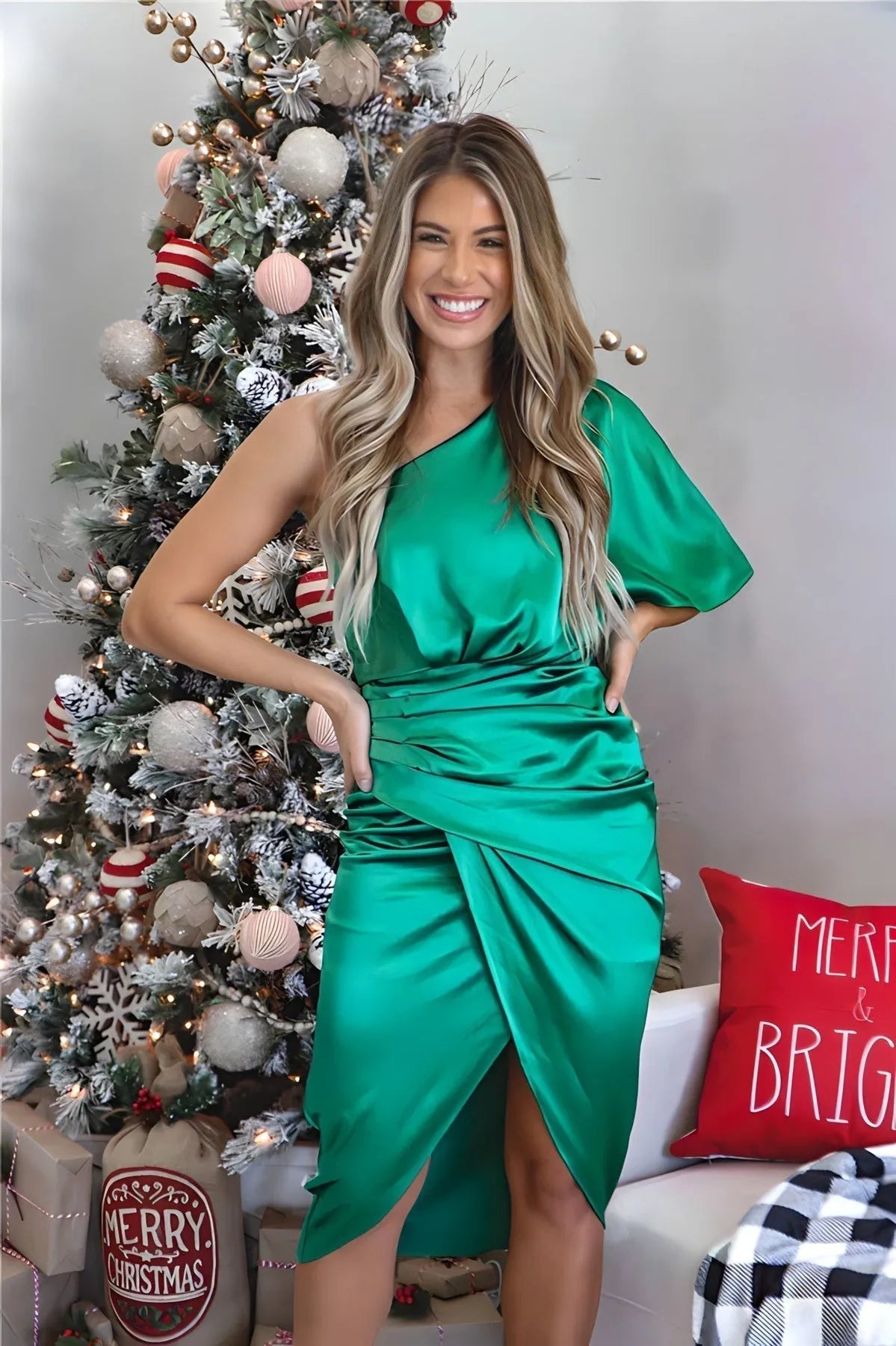 Vestido de Invitada de Boda Midi Elegante Asimétrico con Drapeado
