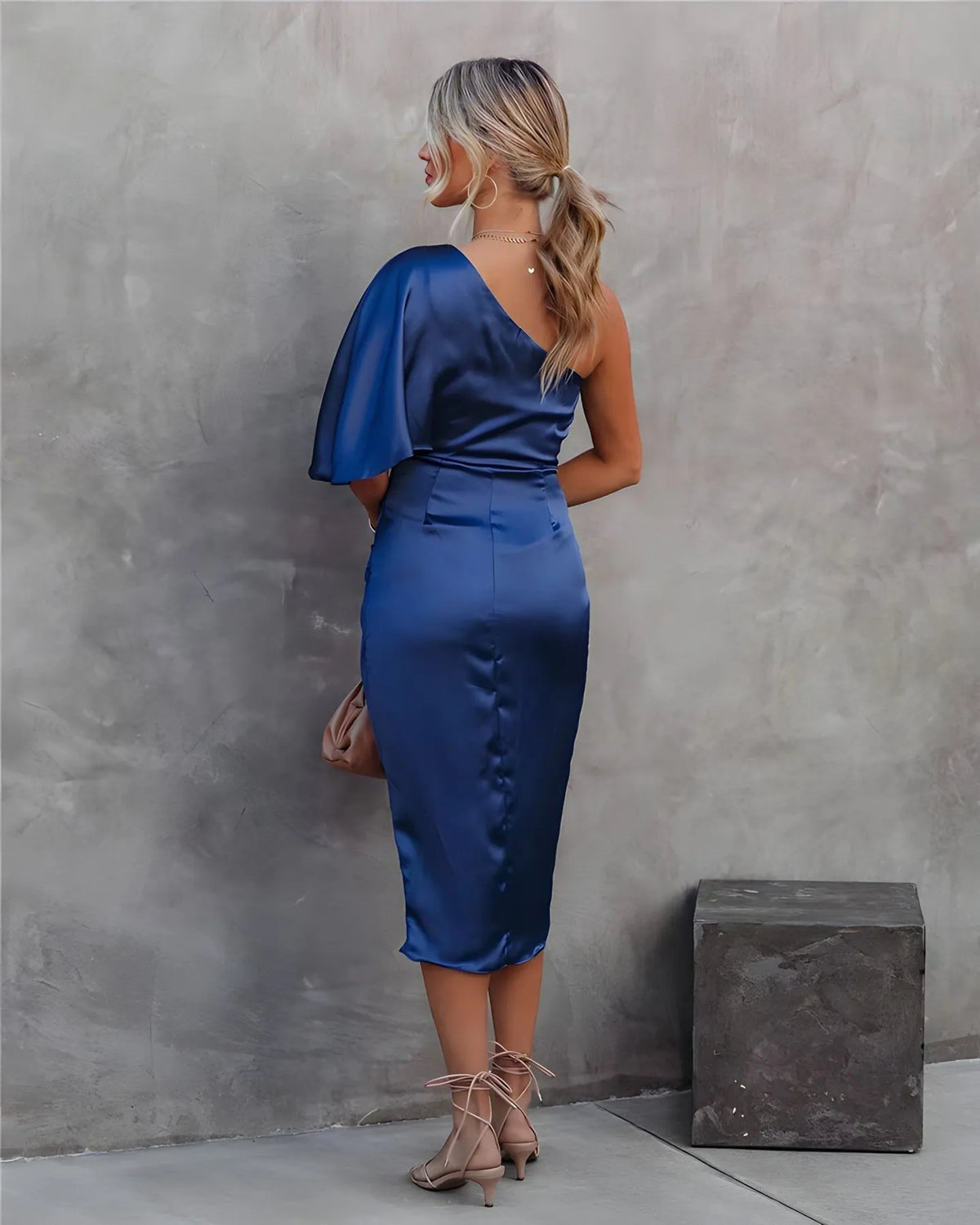 Vestido de Invitada de Boda Midi Elegante Asimétrico con Drapeado