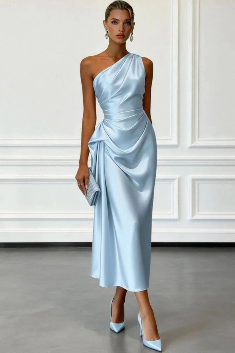 Vestido de Invitada de Boda Midi Elegante Azul con Diseño Asimétrico