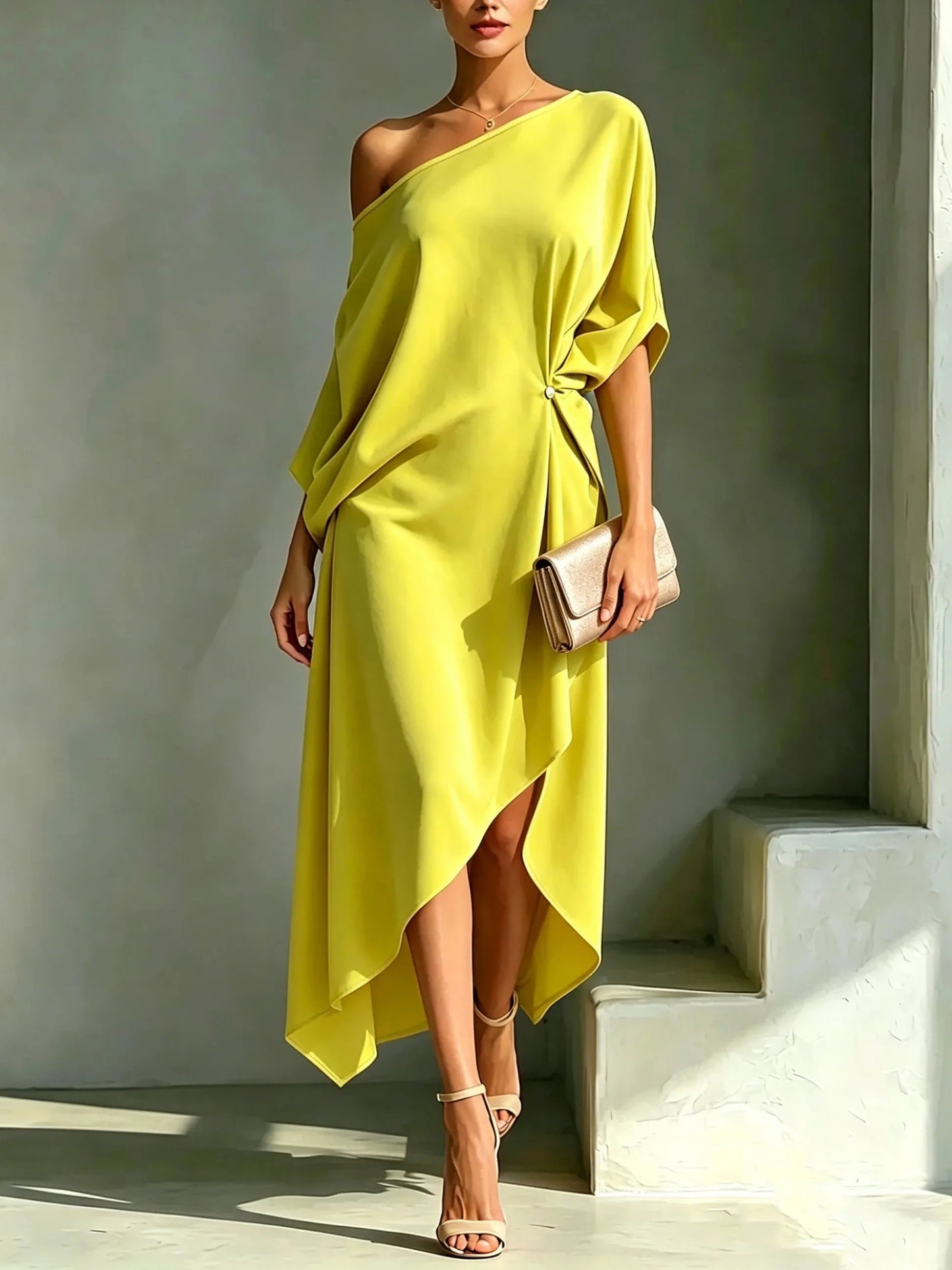 Vestido de Invitada de Boda Midi Elegante Casual con Asimétrico