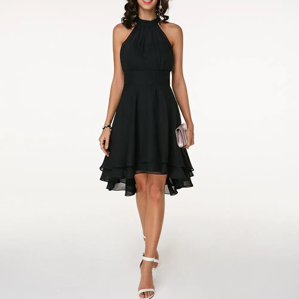 Vestido de Invitada de Boda Midi Casual Elegante con Cuello Halter