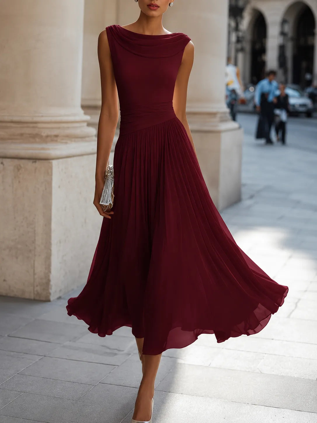 Vestido de Invitada de Boda Midi Elegante Casual con Fruncido