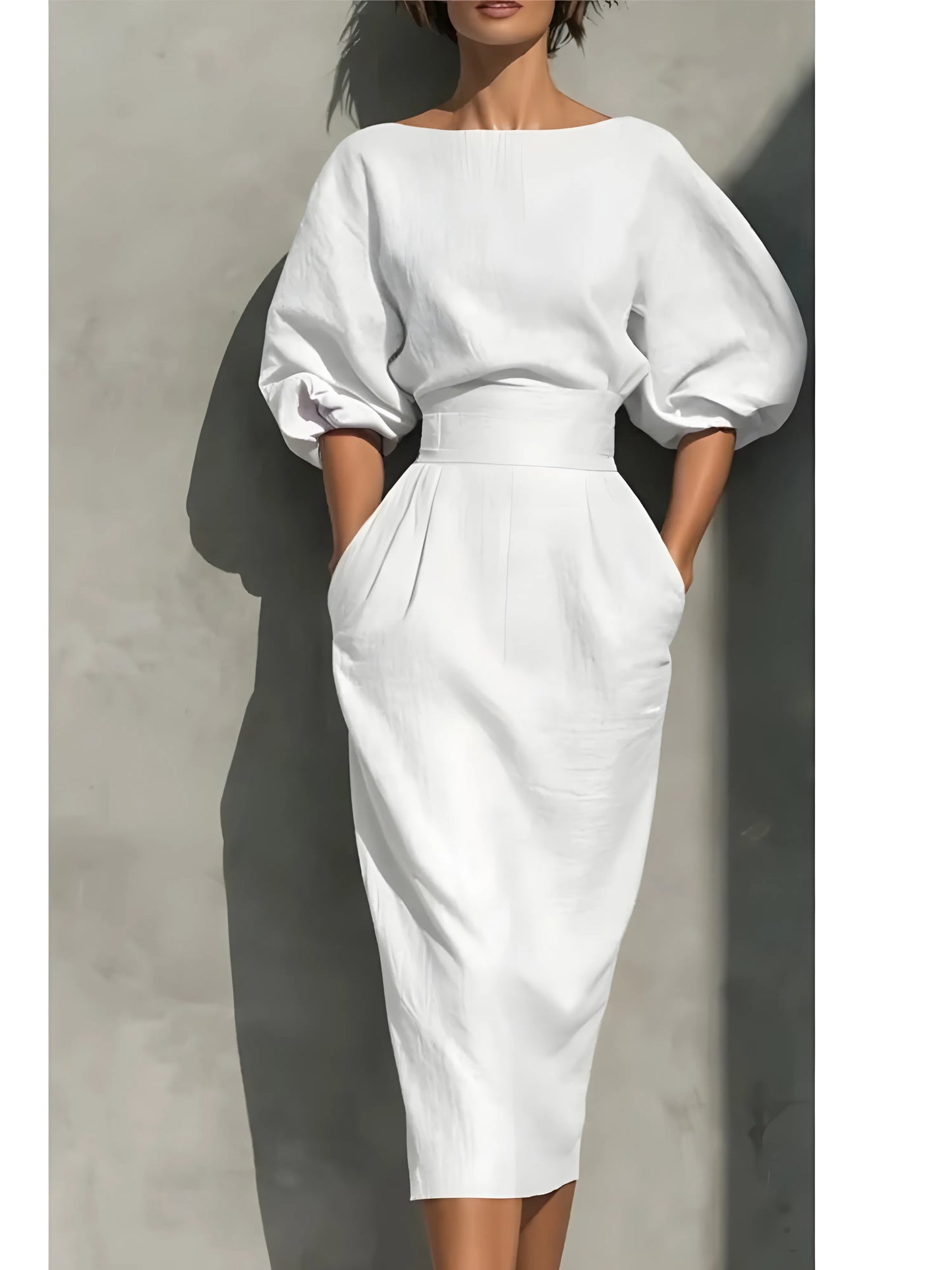 Vestido de Invitada de Boda Midi Elegante Casual con Manga Abullonada