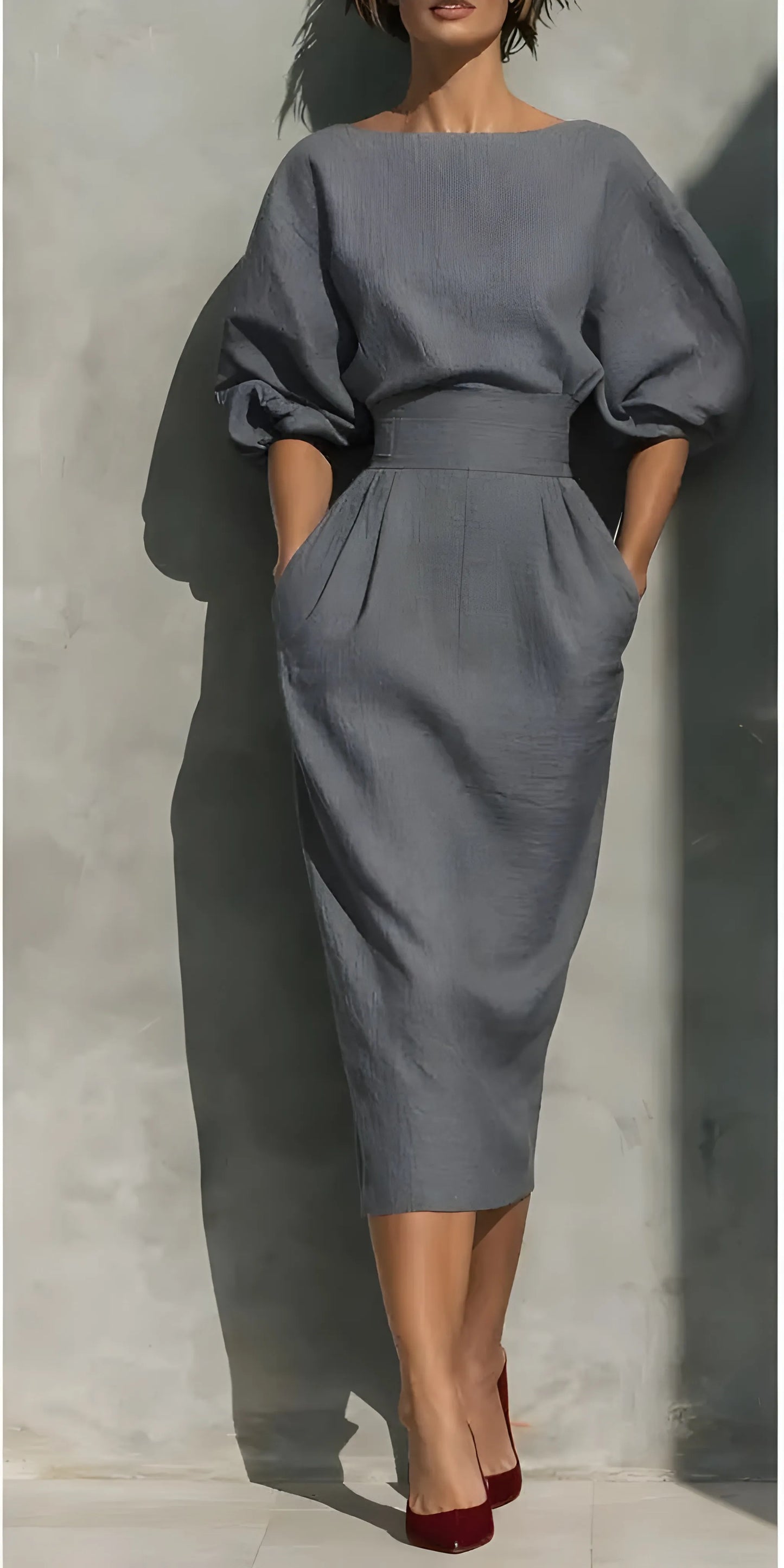 Vestido de Invitada de Boda Midi Elegante Casual con Manga Abullonada