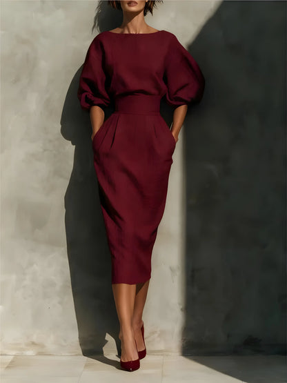 Vestido de Invitada de Boda Midi Elegante Casual con Manga Abullonada