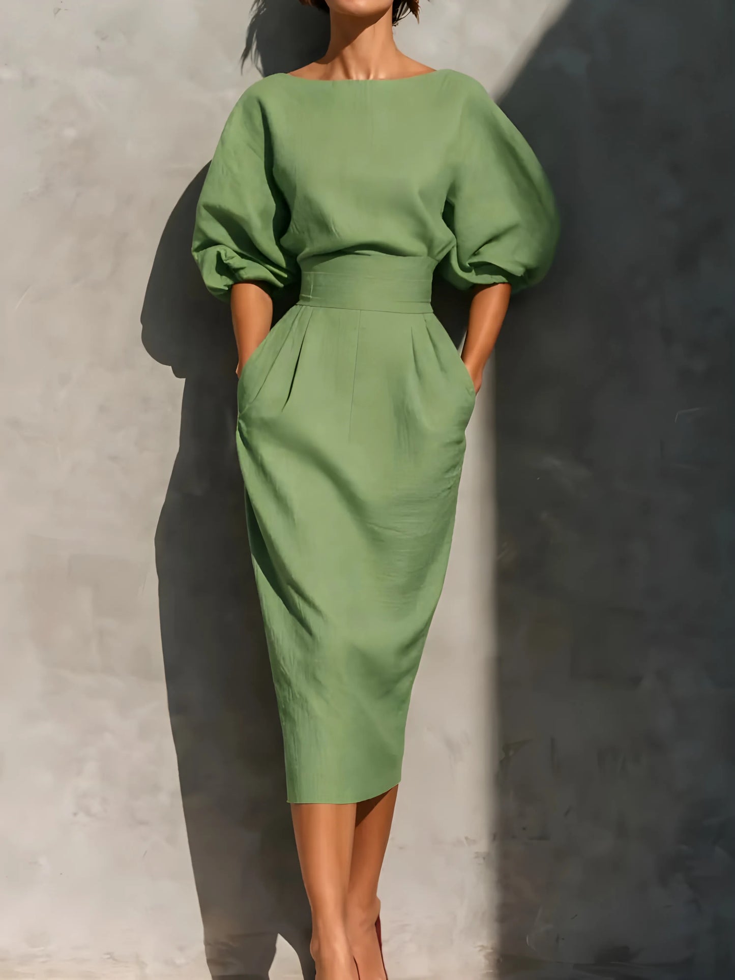 Vestido de Invitada de Boda Midi Elegante Casual con Manga Abullonada