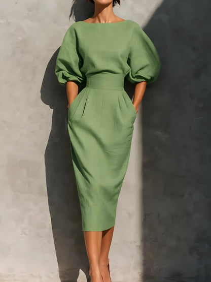 Vestido de Invitada de Boda Midi Elegante Casual con Manga Abullonada