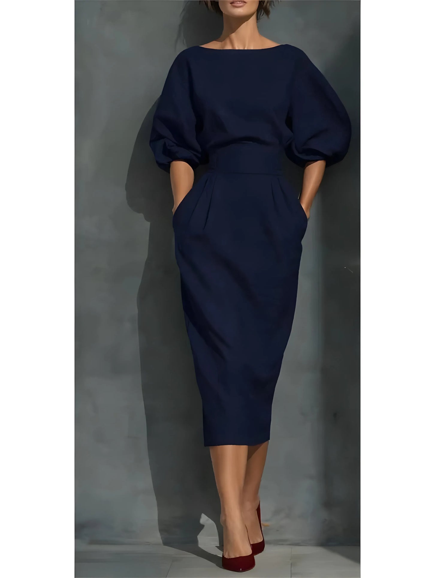 Vestido de Invitada de Boda Midi Elegante Casual con Manga Abullonada