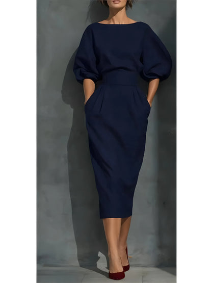 Vestido de Invitada de Boda Midi Elegante Casual con Manga Abullonada