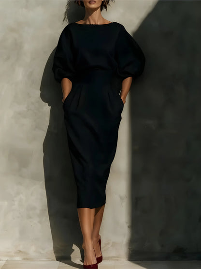Vestido de Invitada de Boda Midi Elegante Casual con Manga Abullonada