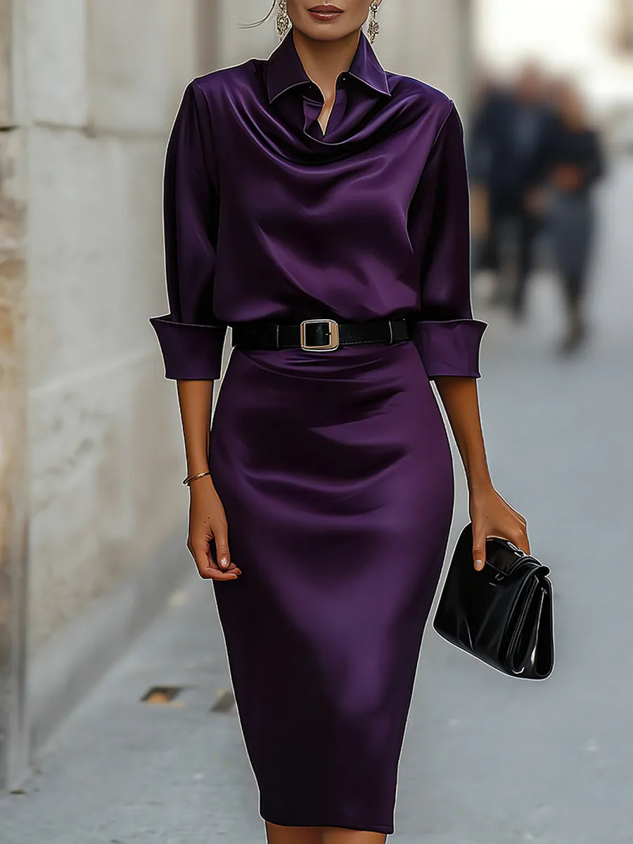 Vestido de Invitada de Boda Midi Elegante Clásico con Drapeado
