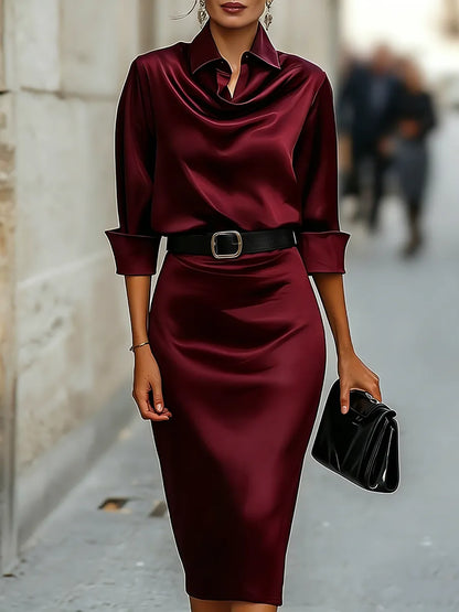 Vestido de Invitada de Boda Midi Elegante Clásico con Drapeado