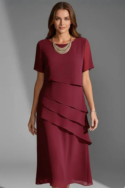 Vestido de Invitada de Boda Midi Elegante Clásico con Manga Corta
