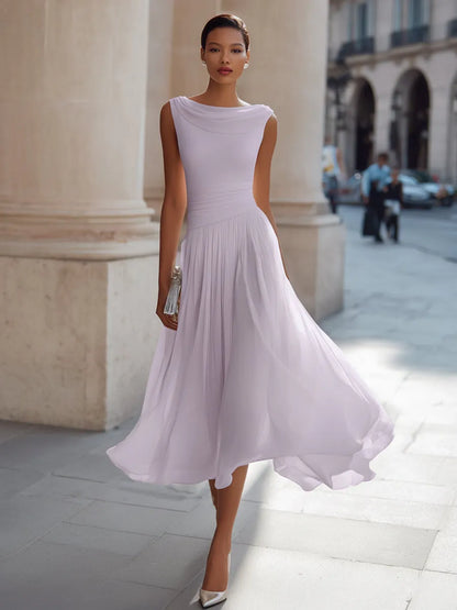 Vestido de Invitada de Boda Midi Elegante Cuello Desbocado con Fruncido