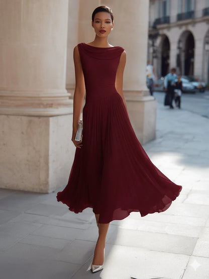 Vestido de Invitada de Boda Midi Elegante Cuello Desbocado con Fruncido