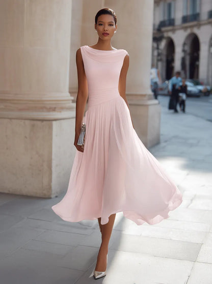Vestido de Invitada de Boda Midi Elegante Cuello Desbocado con Fruncido