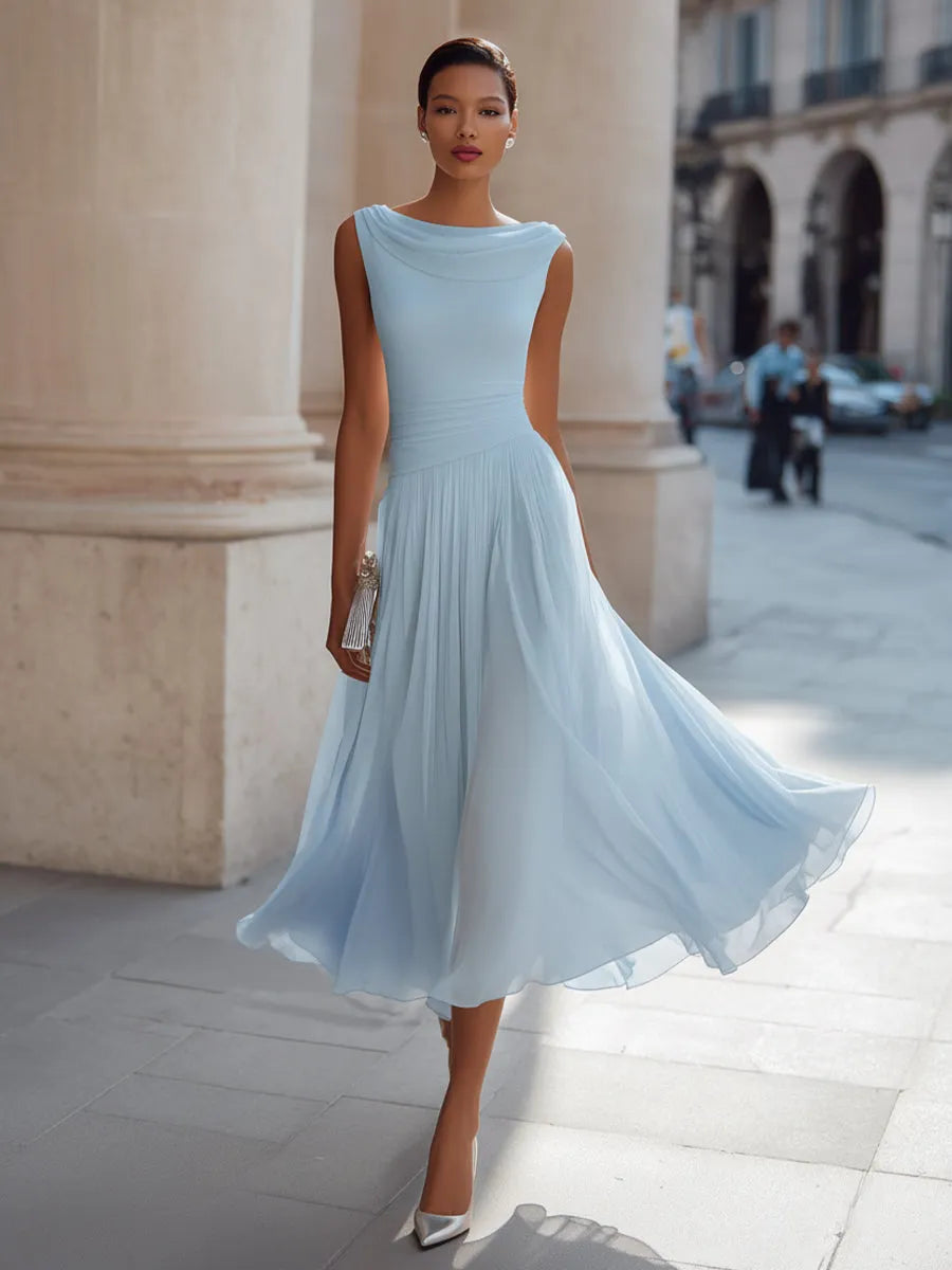 Vestido de Invitada de Boda Midi Elegante Cuello Desbocado con Fruncido