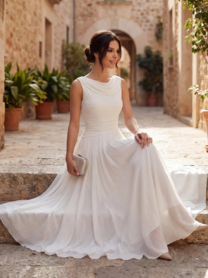 Vestido de Invitada de Boda Midi Elegante Cuello Desbocado con Fruncido