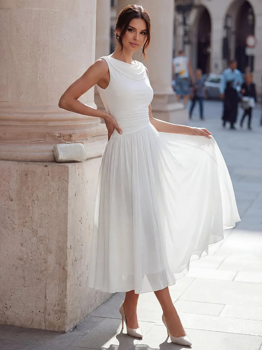 Vestido de Invitada de Boda Midi Elegante Cuello Desbocado con Fruncido