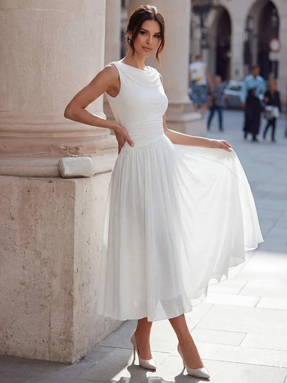 Vestido de Invitada de Boda Midi Elegante Cuello Desbocado con Fruncido