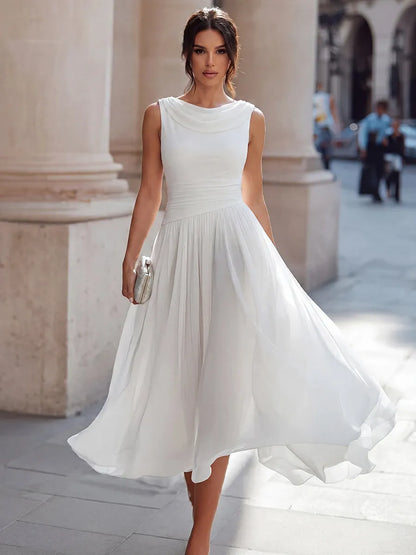 Vestido de Invitada de Boda Midi Elegante Cuello Desbocado con Fruncido