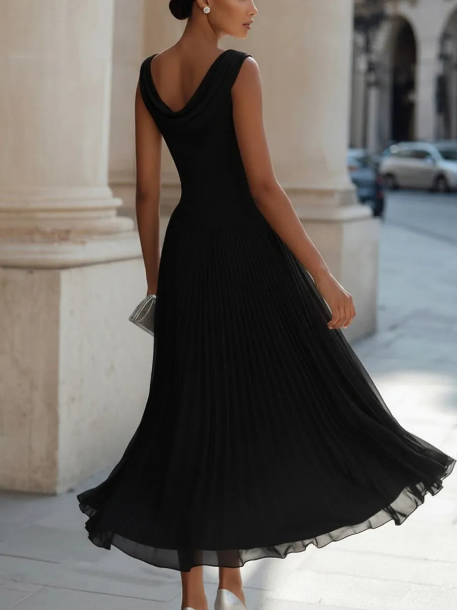 Vestido de Invitada de Boda Midi Elegante Cuello Desbocado con Fruncido