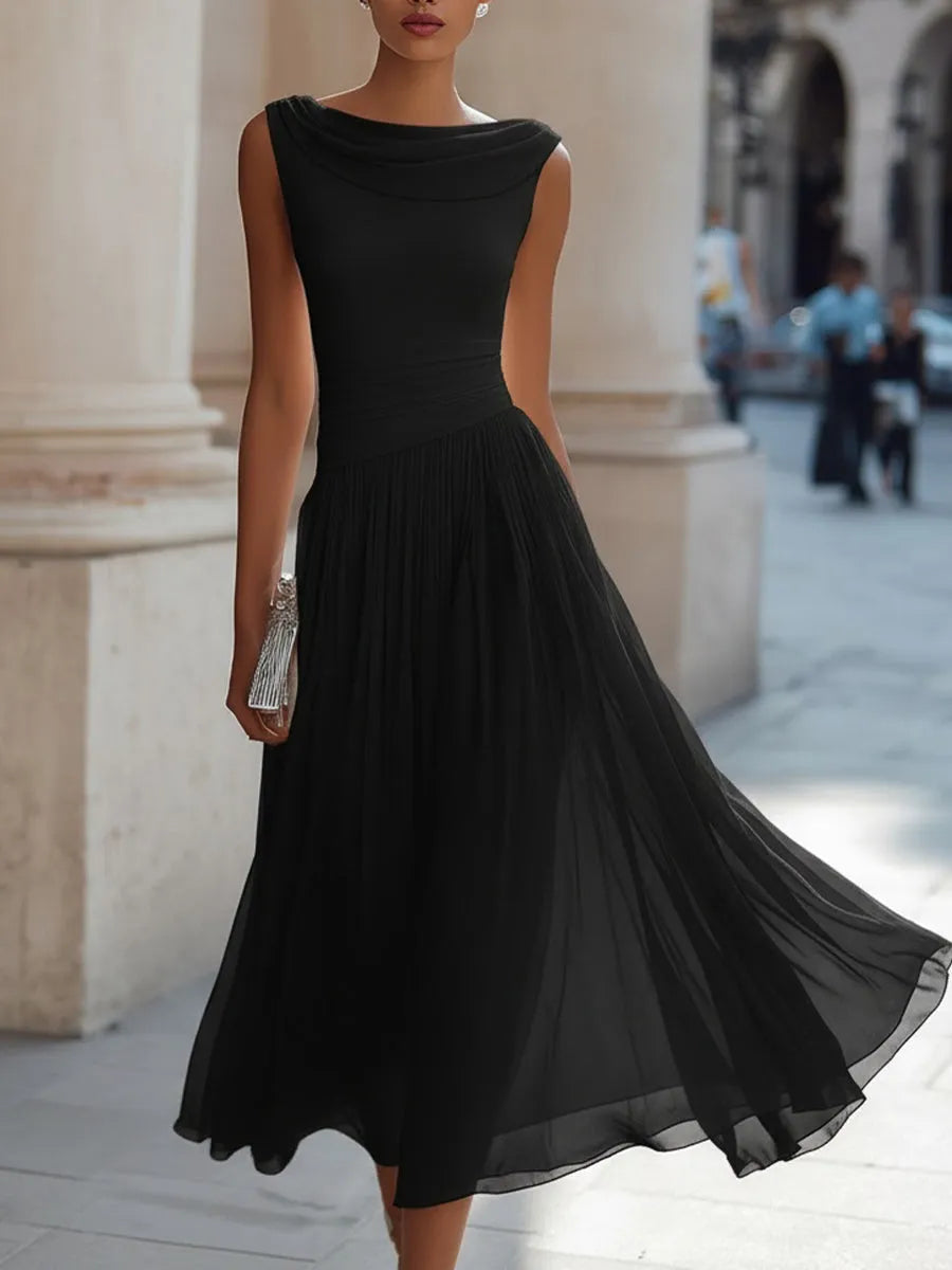 Vestido de Invitada de Boda Midi Elegante Cuello Desbocado con Fruncido