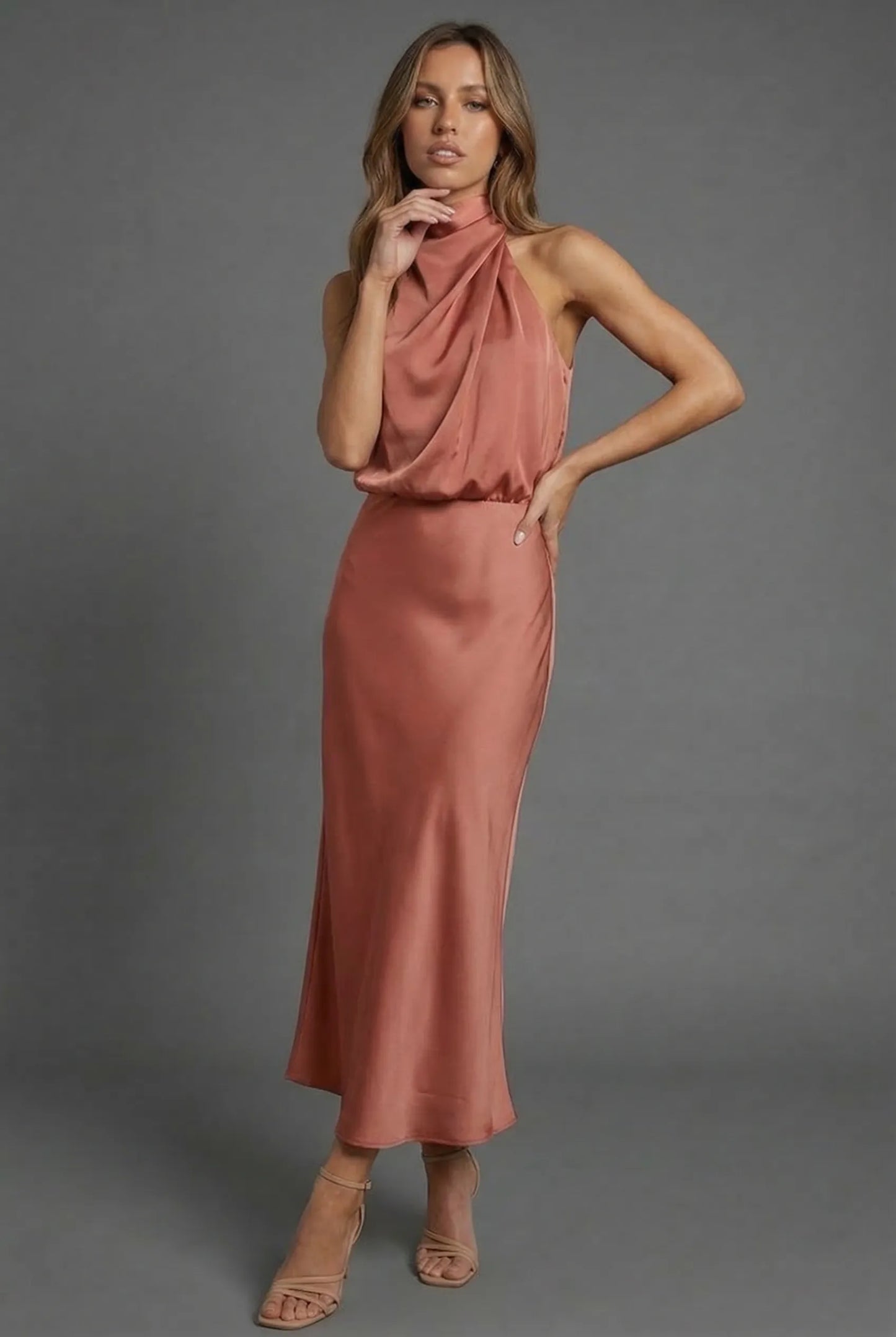 Vestido de Invitada de Boda Midi Elegante Cuello Halter con  Espalda Descubierta