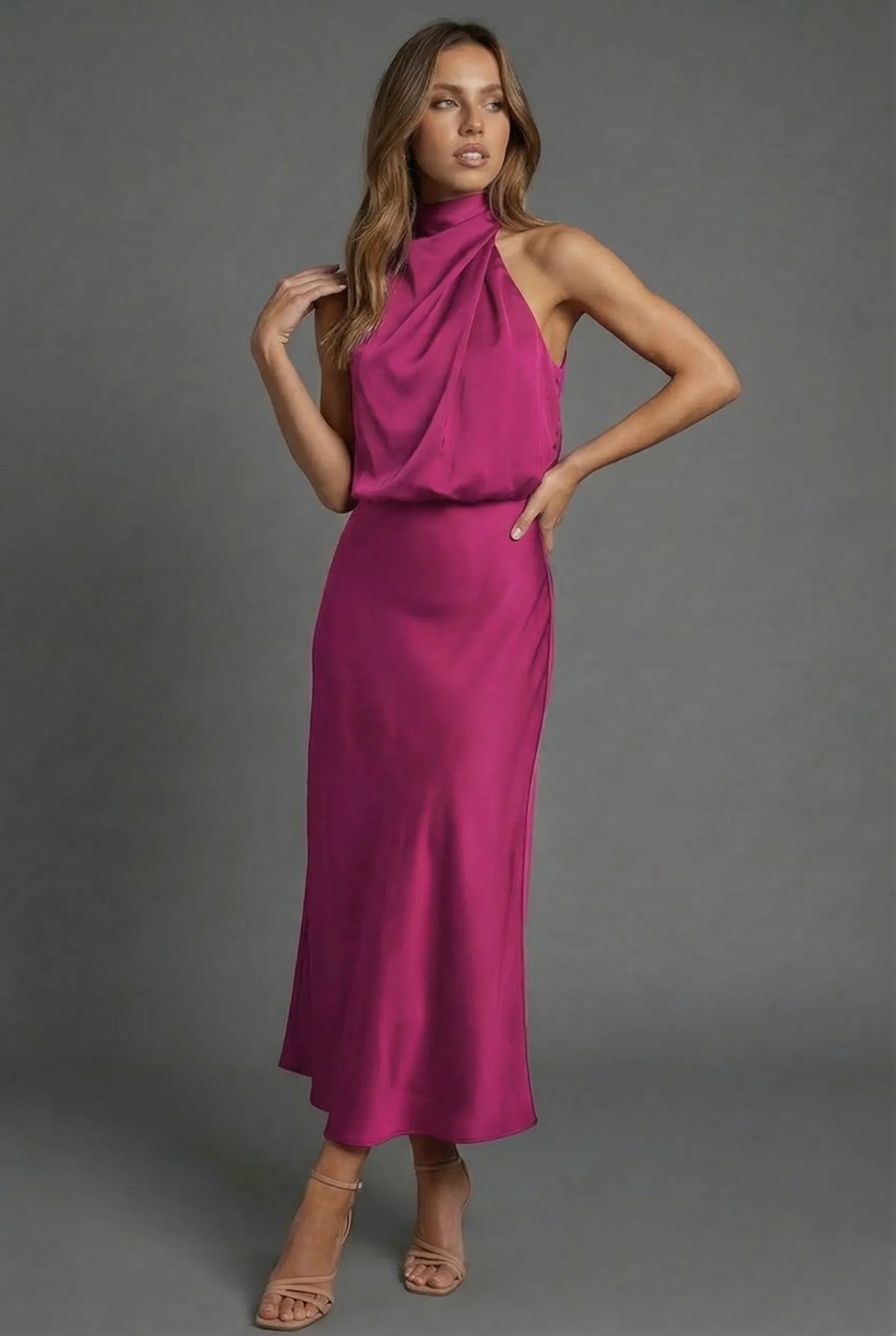Vestido de Invitada de Boda Midi Elegante Cuello Halter con  Espalda Descubierta