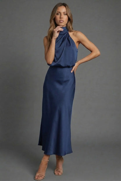 Vestido de Invitada de Boda Midi Elegante Cuello Halter con  Espalda Descubierta