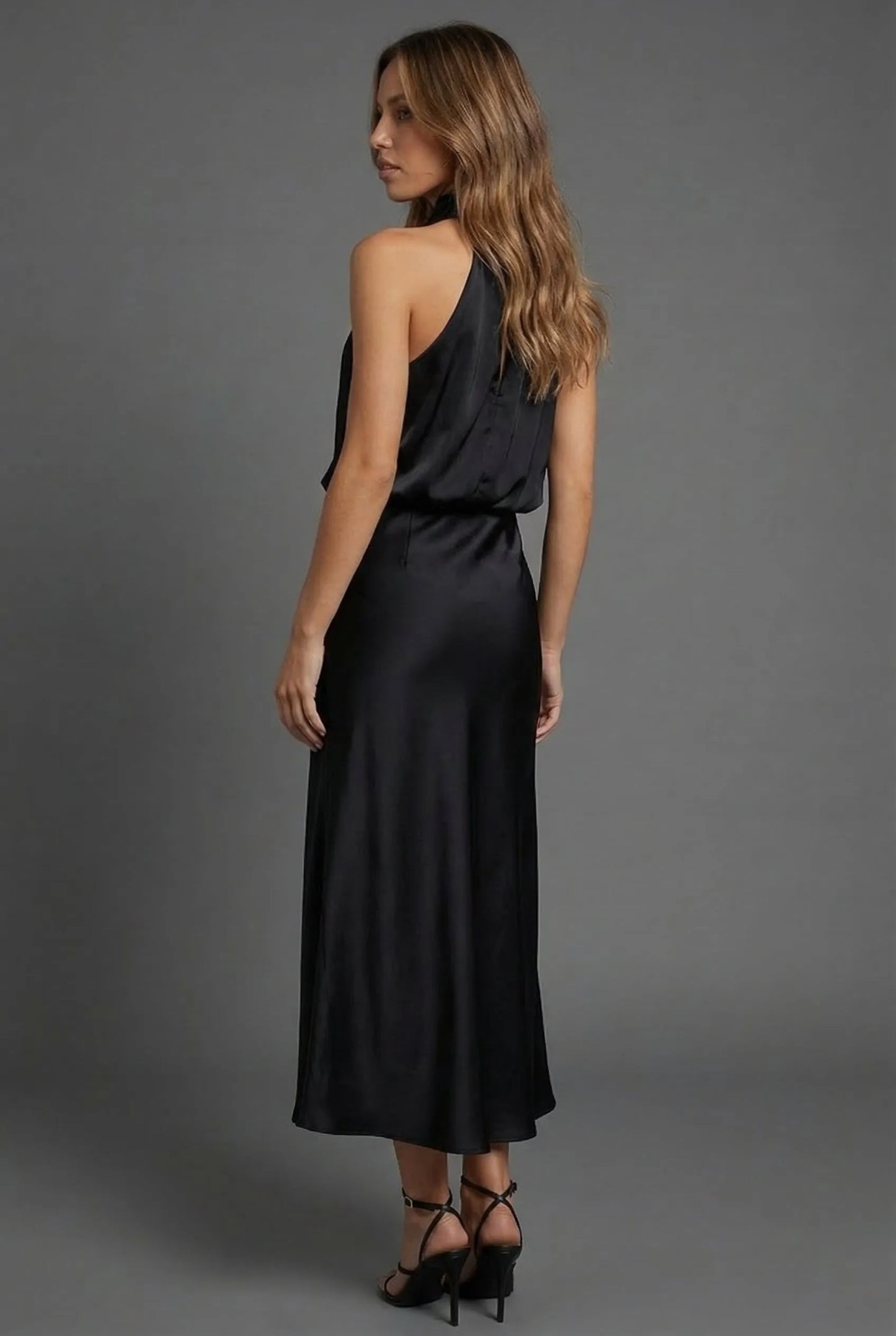 Vestido de Invitada de Boda Midi Elegante Cuello Halter con  Espalda Descubierta