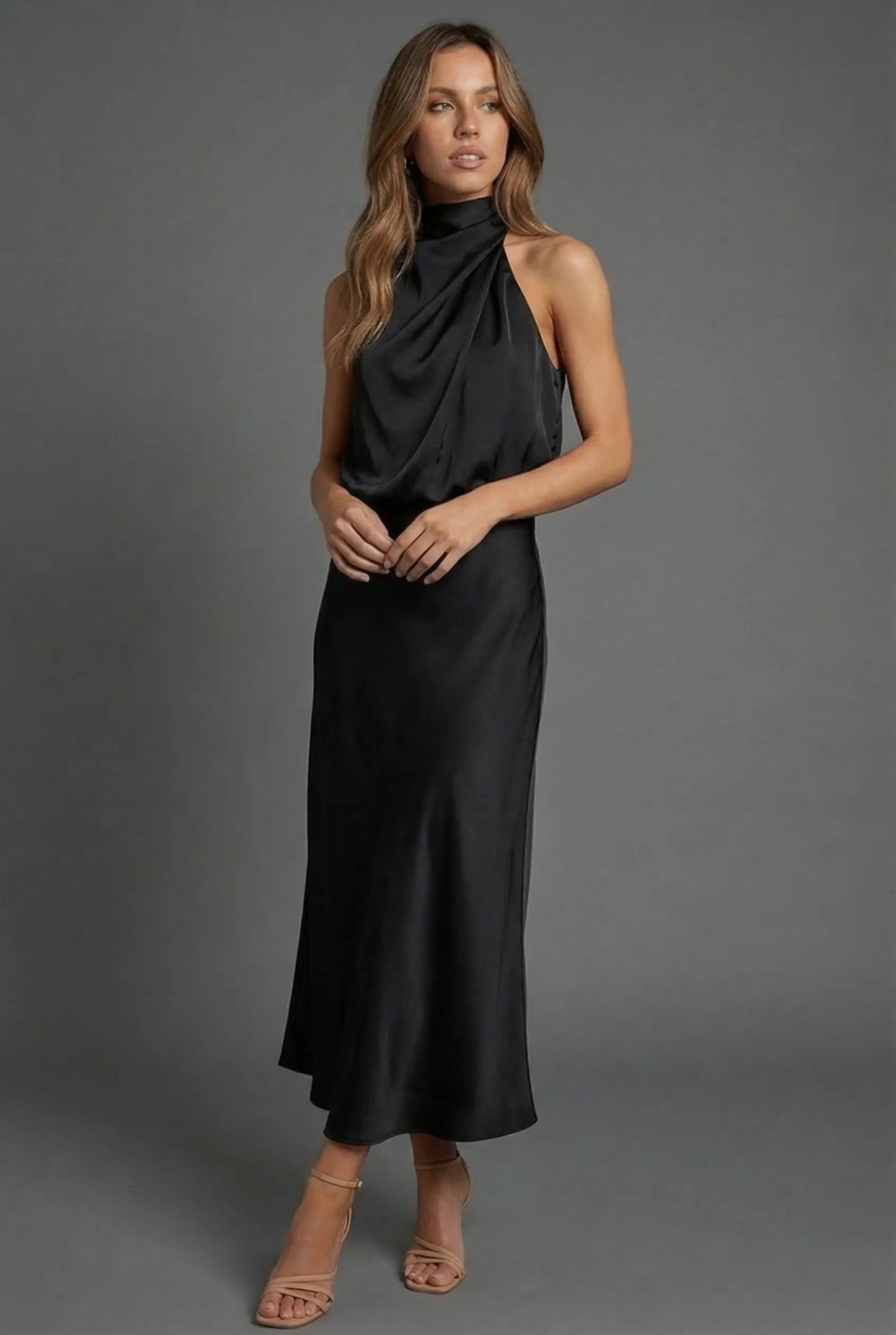 Vestido de Invitada de Boda Midi Elegante Cuello Halter con  Espalda Descubierta