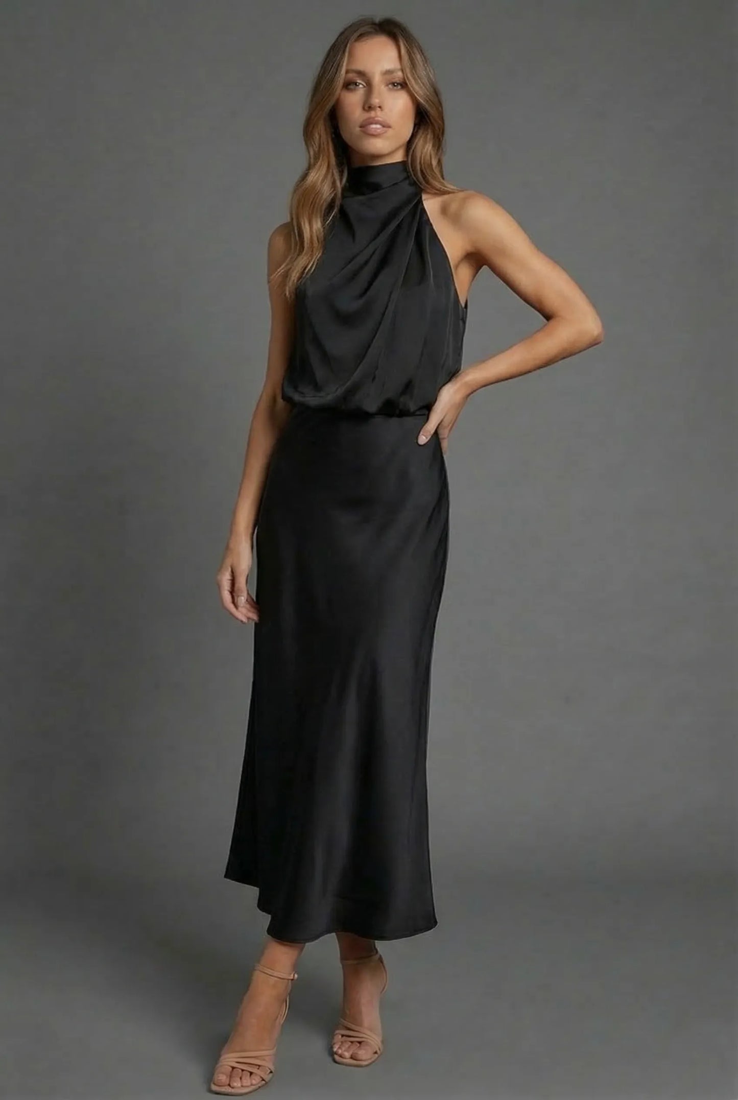 Vestido de Invitada de Boda Midi Elegante Cuello Halter con  Espalda Descubierta