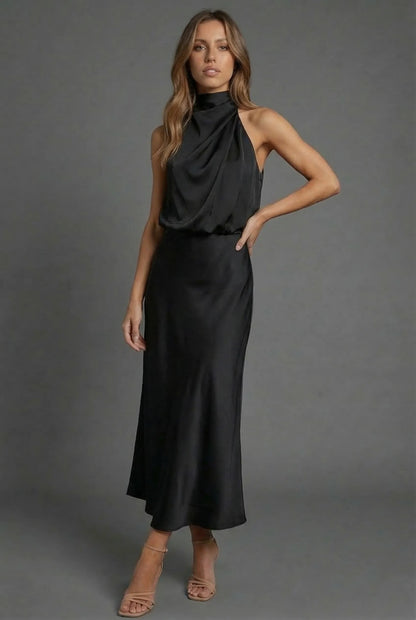 Vestido de Invitada de Boda Midi Elegante Cuello Halter con  Espalda Descubierta