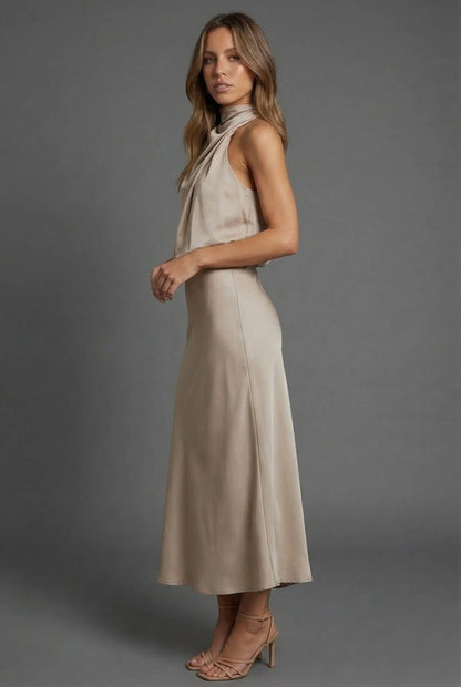 Vestido de Invitada de Boda Midi Elegante Cuello Halter con  Espalda Descubierta