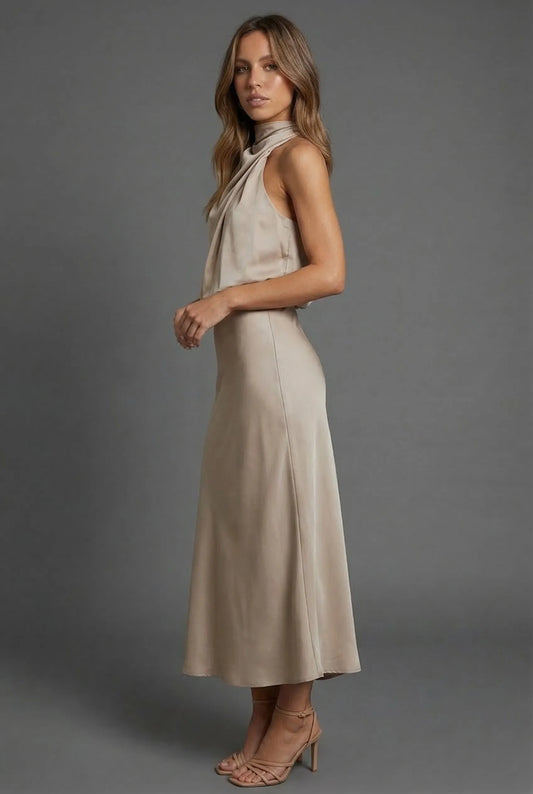 Vestido de Invitada de Boda Midi Elegante Cuello Halter con  Espalda Descubierta