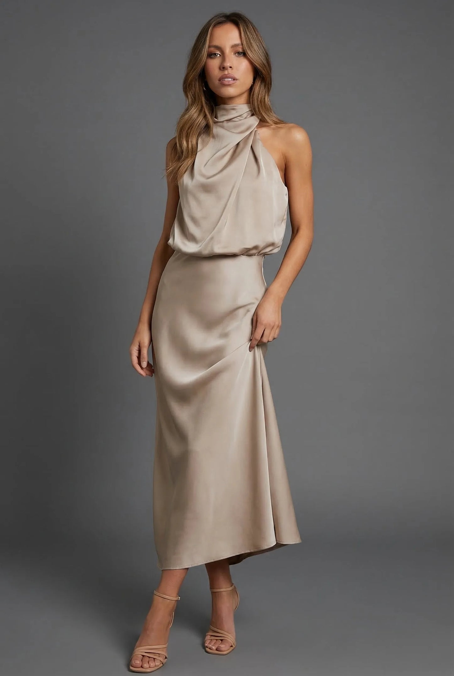 Vestido de Invitada de Boda Midi Elegante Cuello Halter con  Espalda Descubierta