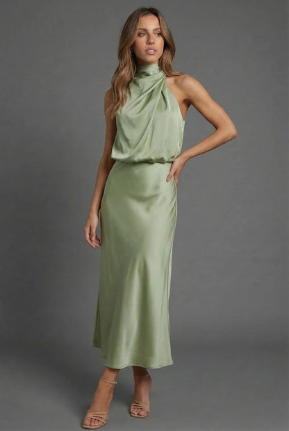 Vestido de Invitada de Boda Midi Elegante Cuello Halter con  Espalda Descubierta