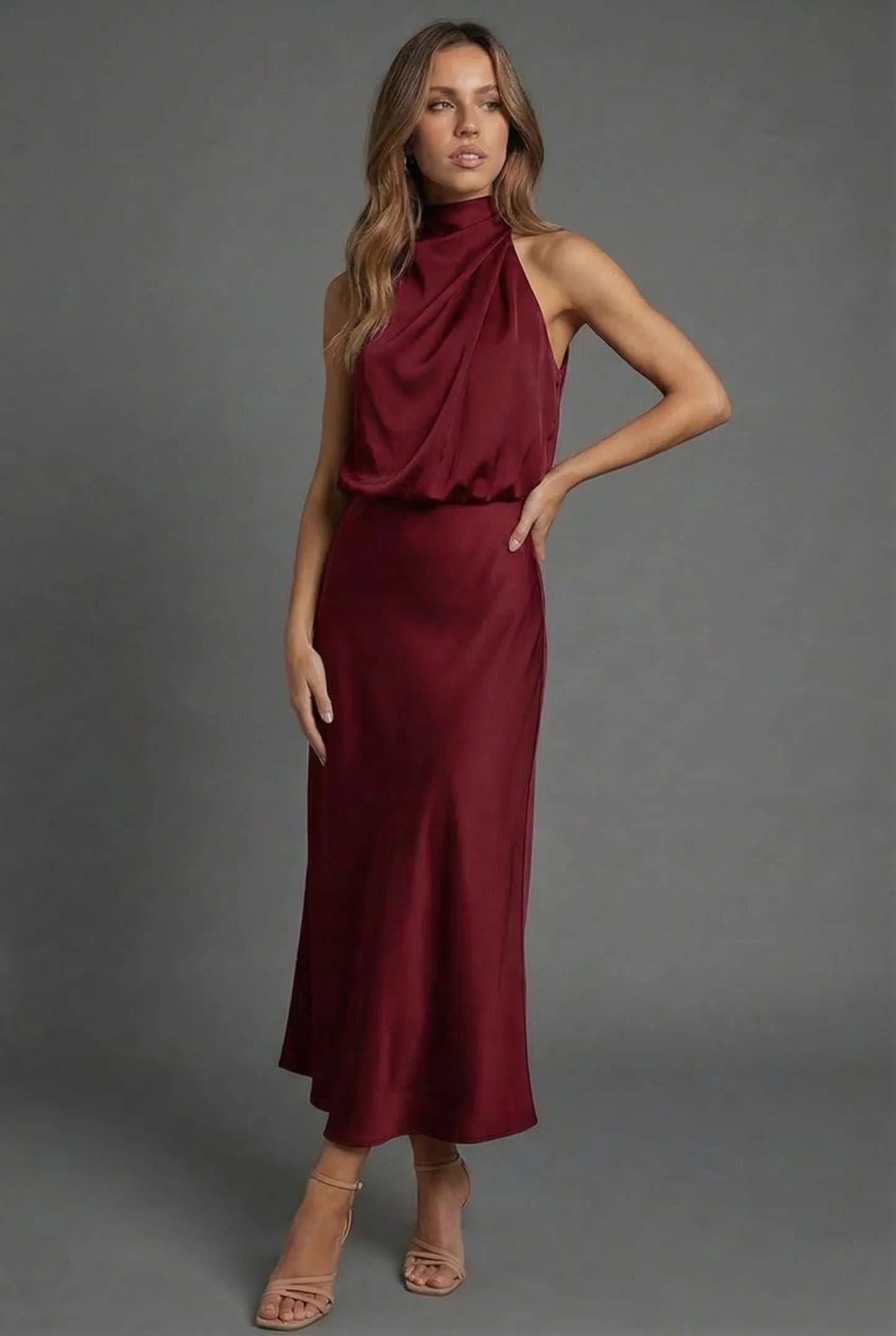 Vestido de Invitada de Boda Midi Elegante Cuello Halter con  Espalda Descubierta