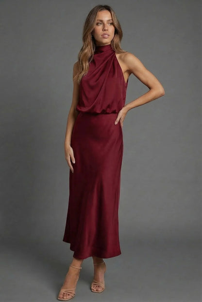 Vestido de Invitada de Boda Midi Elegante Cuello Halter con  Espalda Descubierta